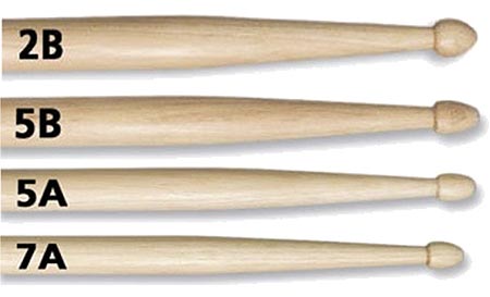 2B, 5B, 5A, 7A - Drumstick sizes